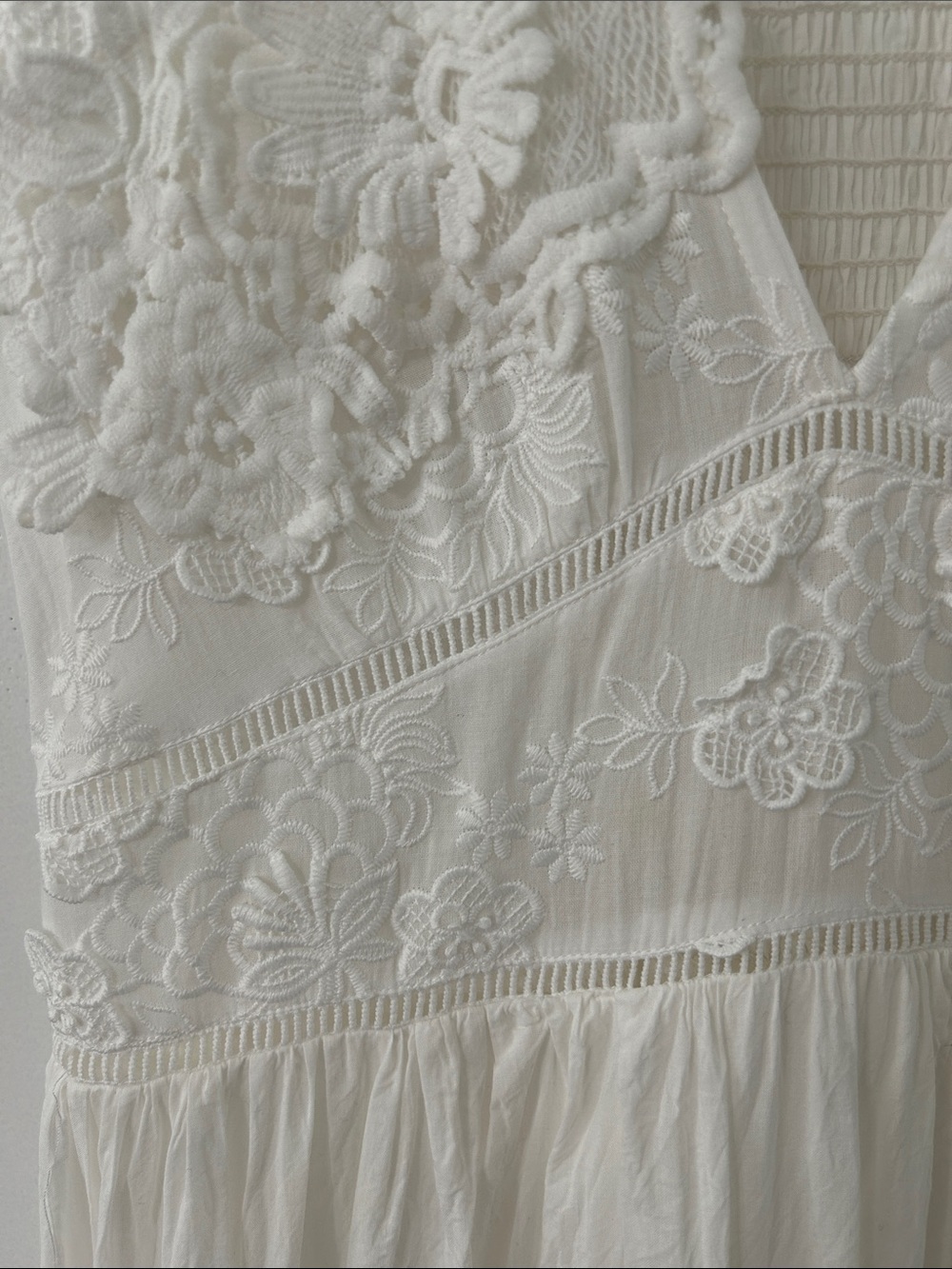 White Lace Bohemian Maxi Dress Tiered Smocked Empire Waist Embroidered Bridal - Picture 3 of 16